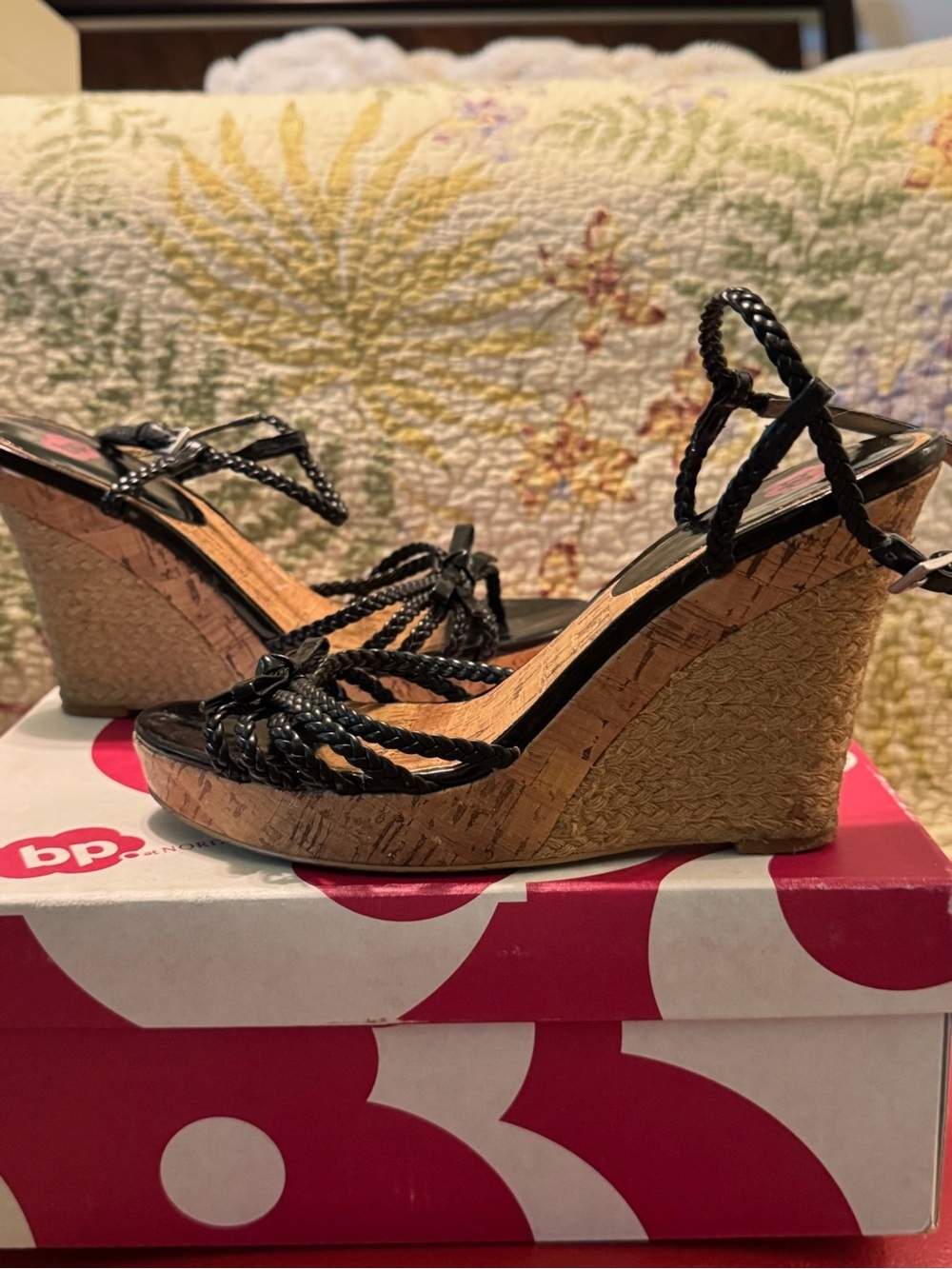 bp Black Braided Cork Wedge Sandals 6.5